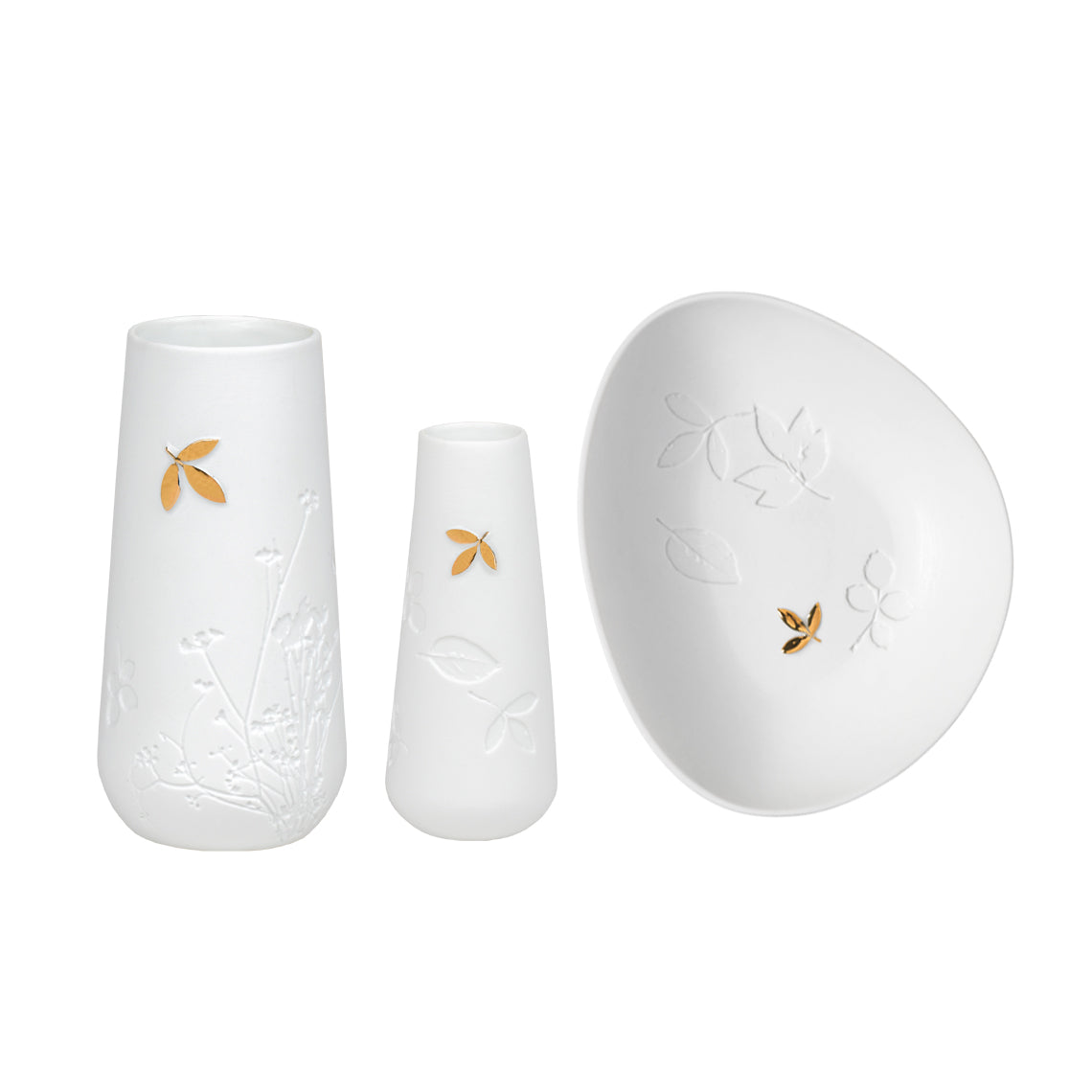 Porcelain Stories White Porcelain Vase Set with Gold Leaf Accent - Handcrafted