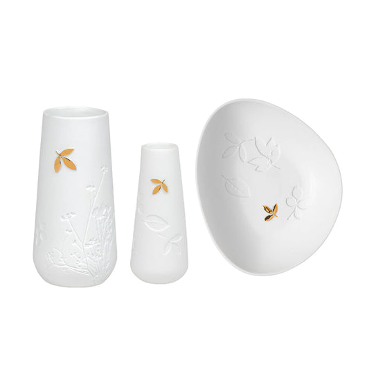 Porcelain Stories White Porcelain Vase Set with Gold Leaf Accent - Handcrafted