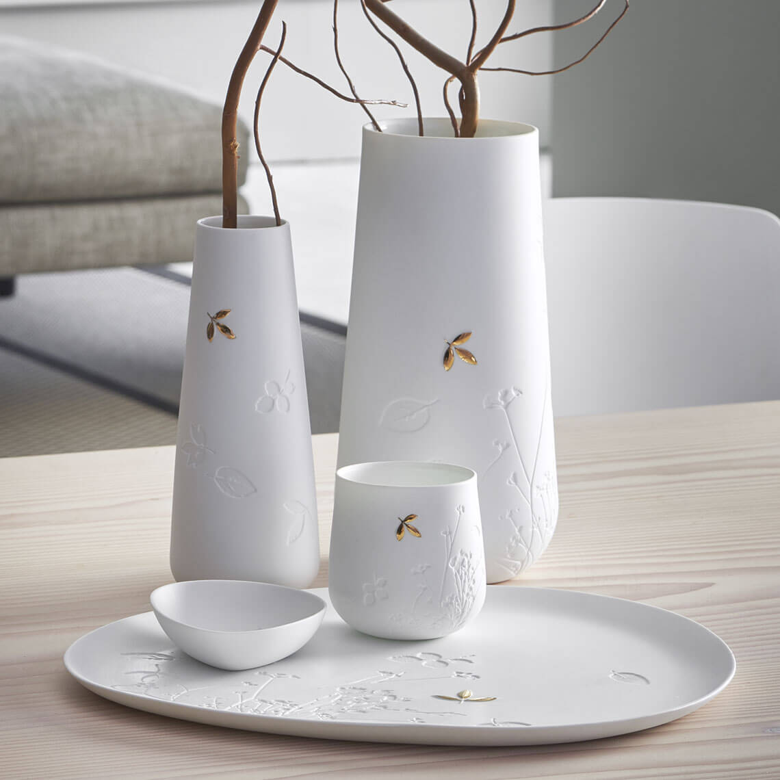 Porcelain Stories White Porcelain Vase with Gold Leaf Accent - Handcrafted Decorative Flower Vase product image