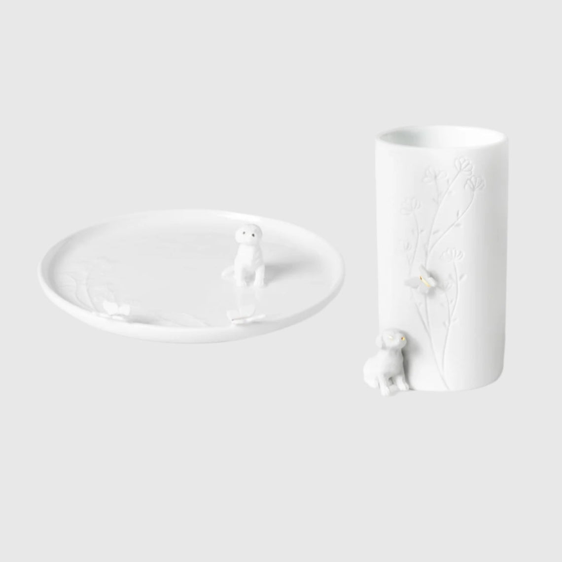 Porcelain Stories Sculptural Flower Vase and Puppy Dog Plate – Set of 2