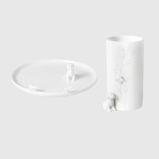 Porcelain Stories Sculptural Flower Vase and Puppy Dog Plate – Set of 2