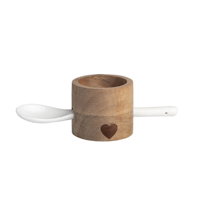 Acacia wood egg cup and porcelain spoon set