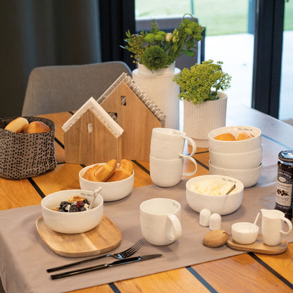 Bonjour porcelain mug and bowl lifestyle