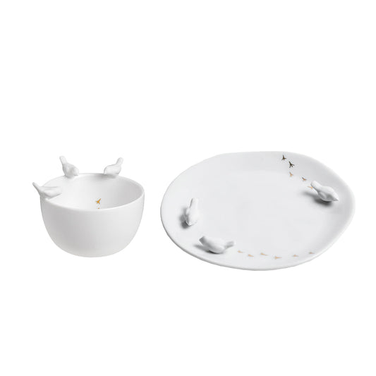 Porcelain bird bowl and plate set