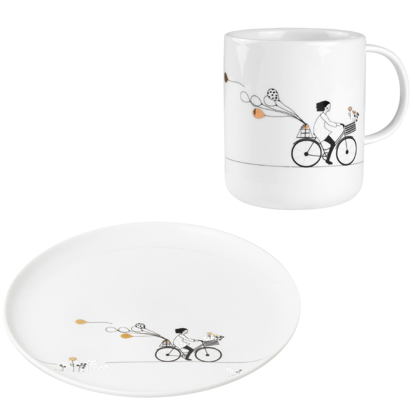 Bicycling porcelain plate and mug set