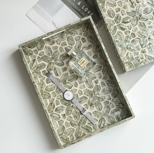 Gray green handcrafted natural shell inlay decorative tray