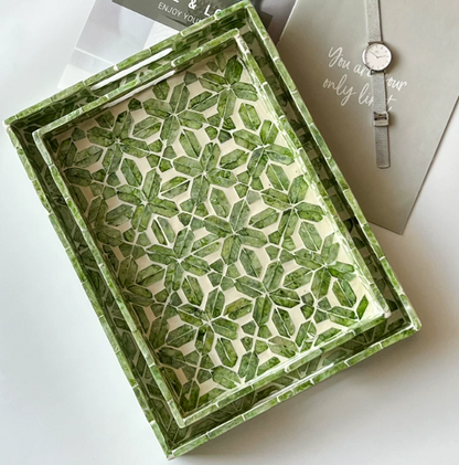 Jade green shell inlay trays in small and large sizes
