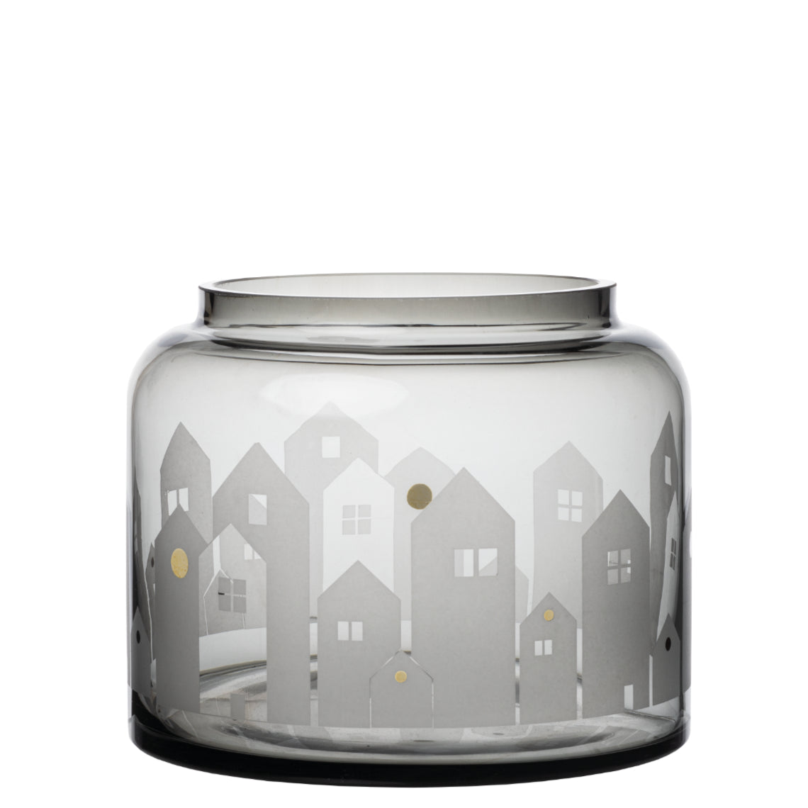 Smoked Glass Vase with Village House Decoration for Plants, Tealights or Winter Décor