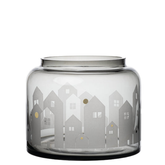 Smoked Glass Vase with Village House Decoration for Plants, Tealights or Winter Décor