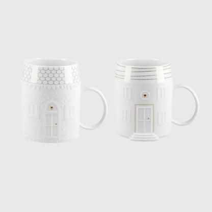 White Porcelain Cottage House Mug Set of 2