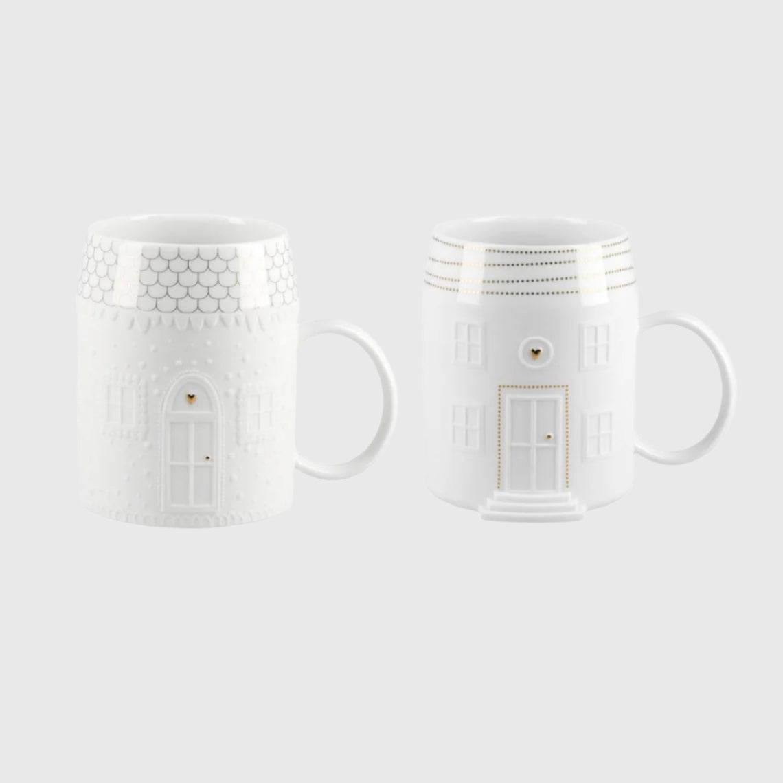 White Porcelain Cottage House Mug Set of 2