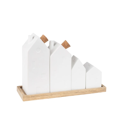 Village House Cruet Set of Porcelain and Acacia Wood