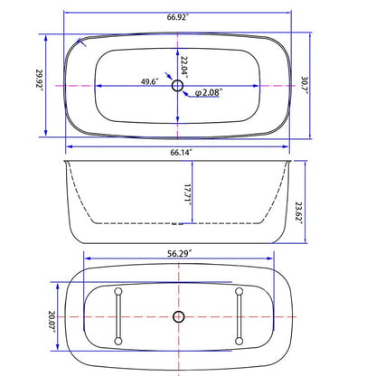 67'' Rounded Rectangle Acrylic Tub Double Ended Freestanding Soaking Bathtub