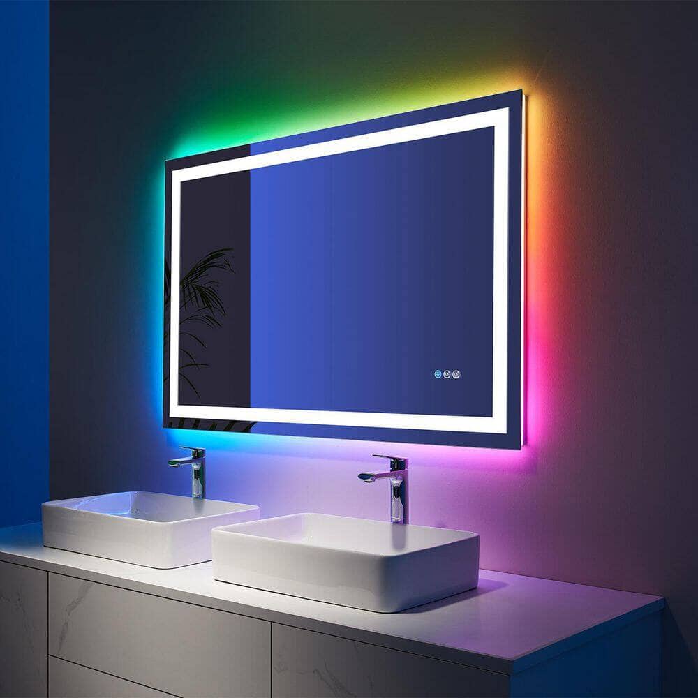 RGB LED Light Bathroom Vanity Mirror Rectangular Frameless Anti Fog