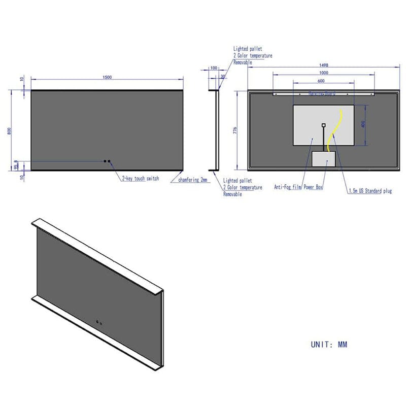 Rectangular Wall Mount LED Lighted Bathroom Vanity Mirror with Shelf