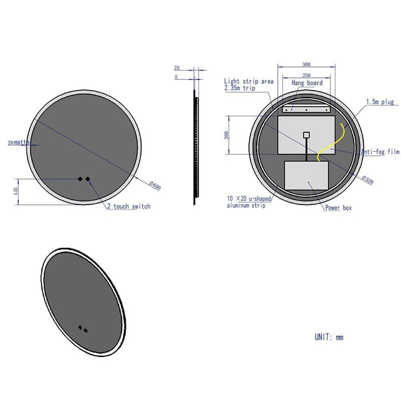 Round LED Light Bathroom Vanity Mirror Wall Mount Frameless Anti Fog