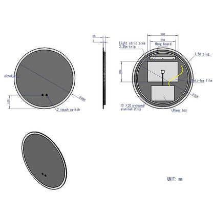 Round LED Light Bathroom Vanity Mirror Wall Mount Frameless Anti Fog