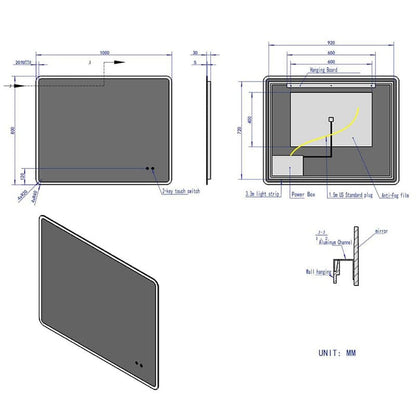 LED Light Bathroom Vanity Rounded Rectangle Mirror Frameless Anti Fog