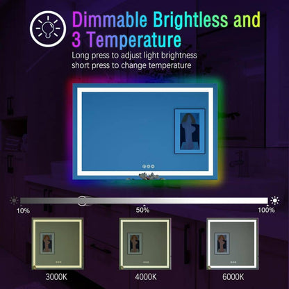 RGB LED Light Bathroom Vanity Mirror Rectangular Frameless Anti Fog