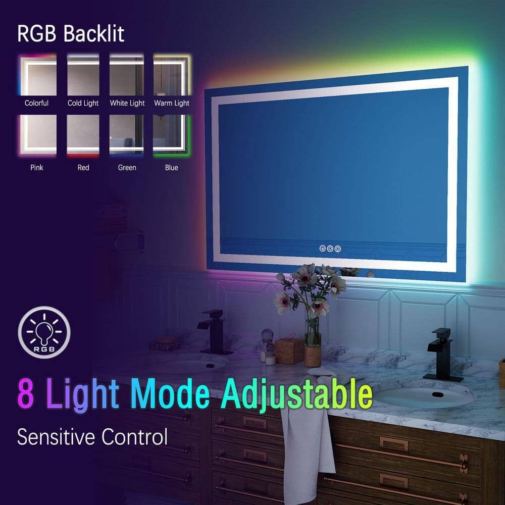 RGB LED Light Bathroom Vanity Mirror Rectangular Frameless Anti Fog