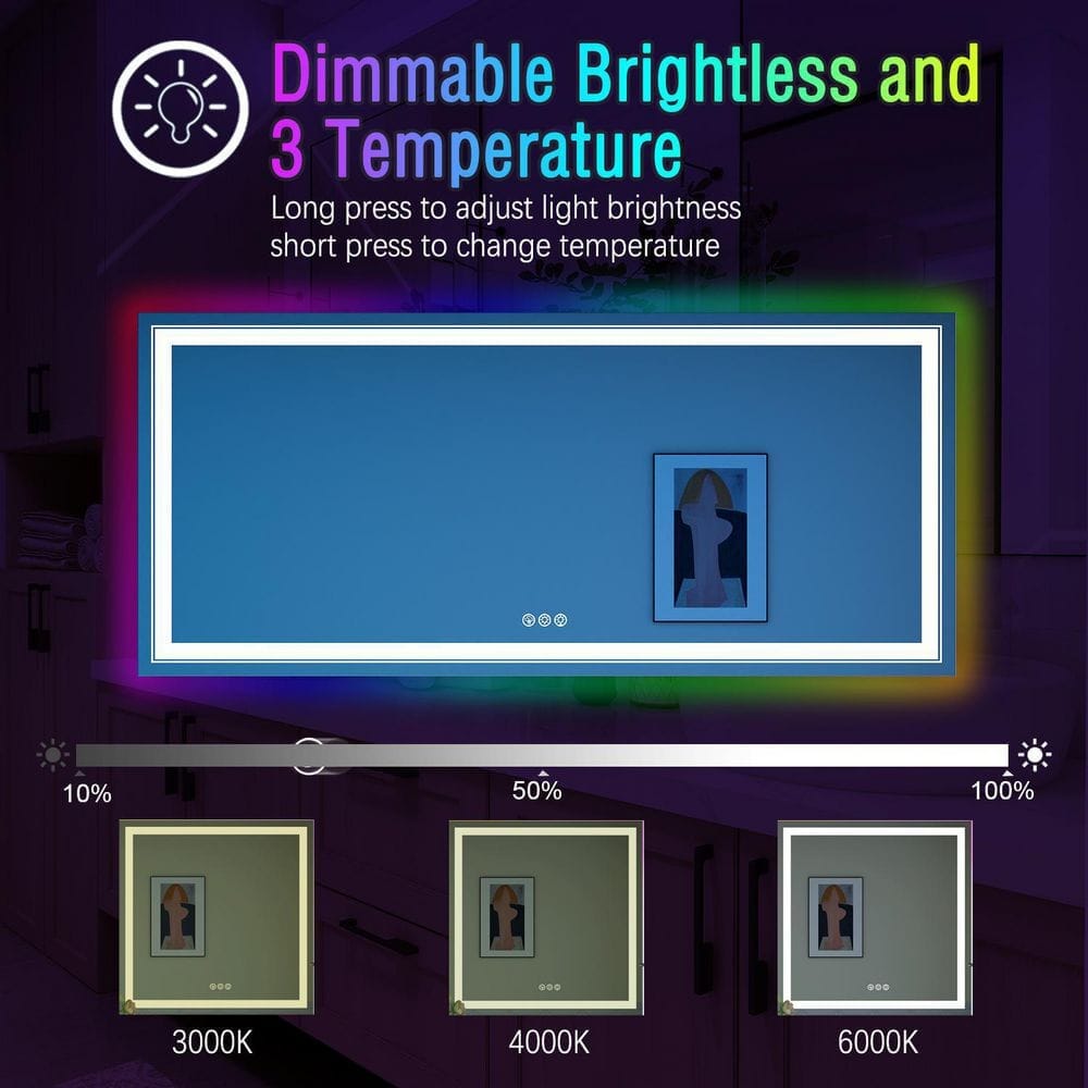 RGB LED Light Bathroom Vanity Mirror Large Rectangular Frameless Anti Fog