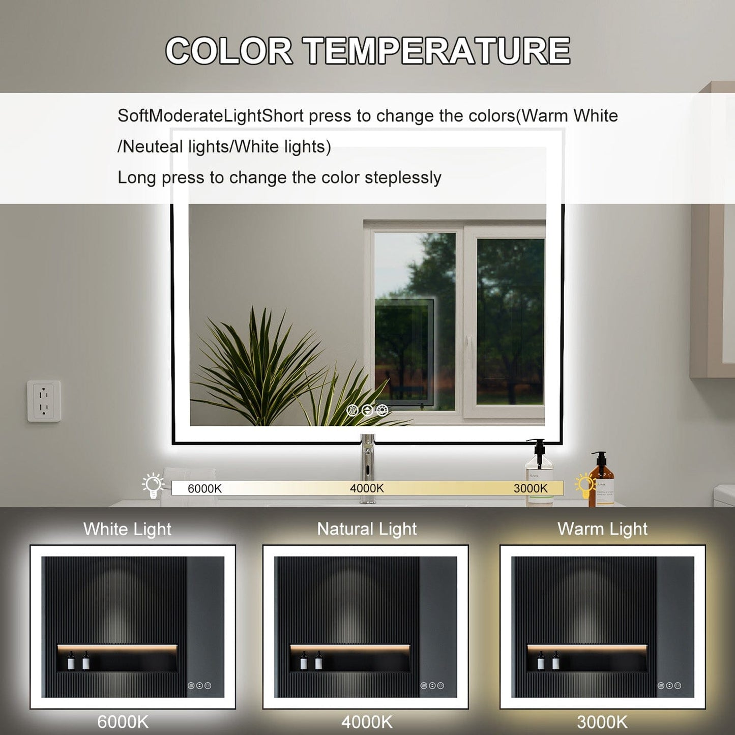 40"/48"/55" LED Bathroom Mirror with Black Frame, Anti-Fog, Shatter-Proof, Memory, 3 Colors