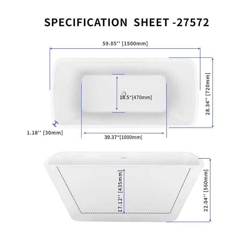 59 Inch Lucite Acrylic Bathtub Trapezoidal Shape Freestanding Soaking Tub Glossy White