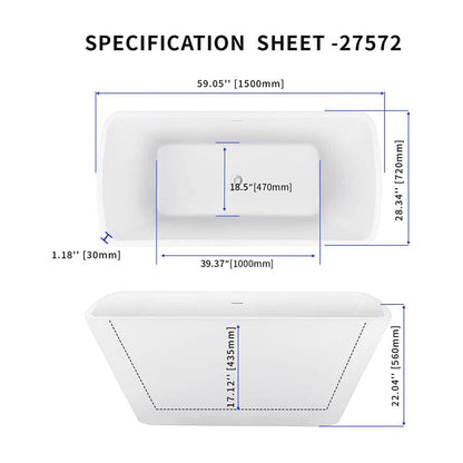 59 Inch Lucite Acrylic Bathtub Trapezoidal Shape Freestanding Soaking Tub Glossy White