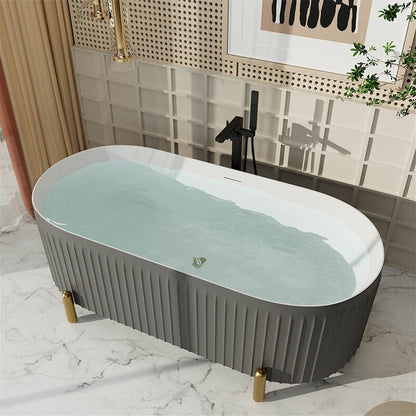 67'' Oval Acrylic Fluted Freestanding Soaking Bathtub with Feet