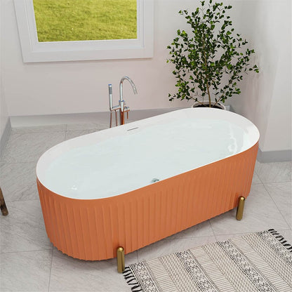 67'' Oval Acrylic Fluted Freestanding Soaking Bathtub with Feet