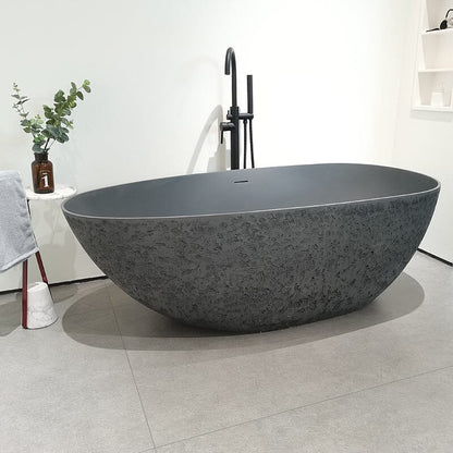 67'' Modern Art Pattern Concrete Gray Solid Surface Egg Shaped Freestanding Soaking Bathtub