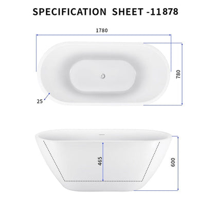 70''x23" Acrylic Oval Shape Freestanding Bathtub