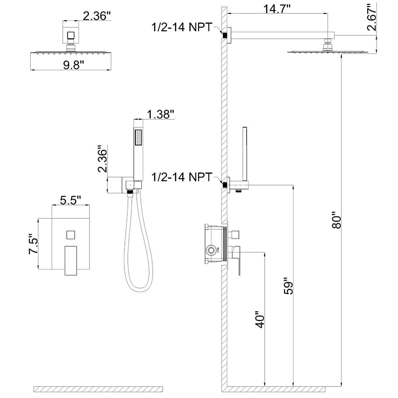 10" Wall Mount Square Shower Systems with Head Shower & Hand Shower Combo Set