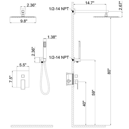 10" Wall Mount Square Shower Systems with Head Shower & Hand Shower Combo Set