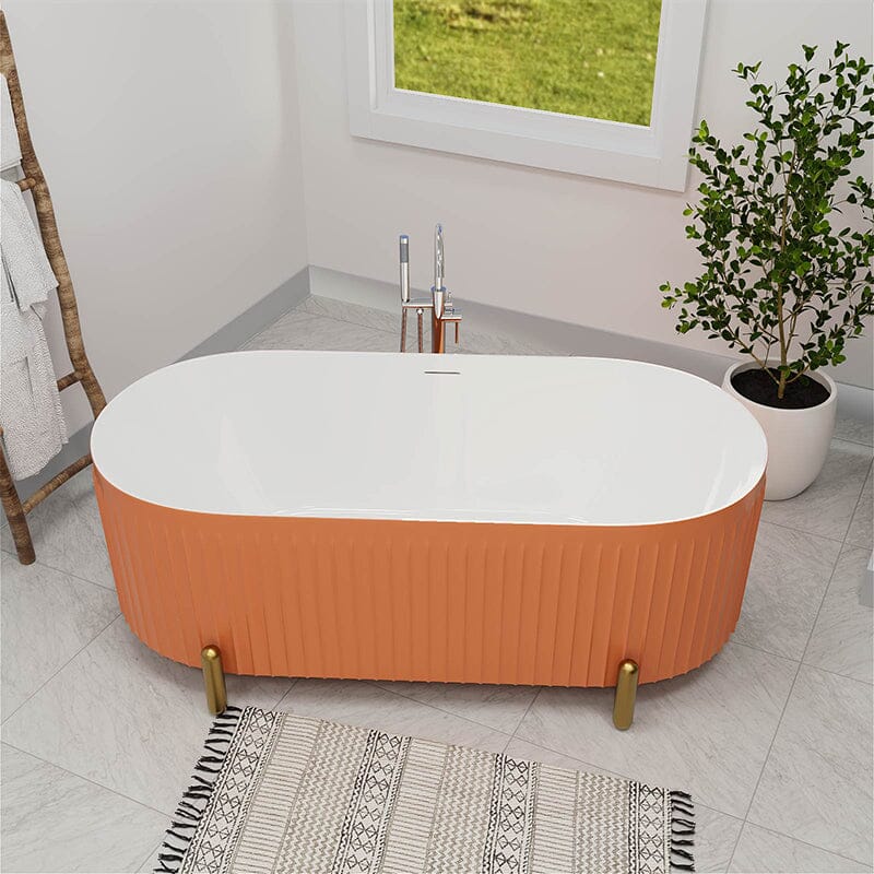 67'' Oval Acrylic Fluted Freestanding Soaking Bathtub with Feet