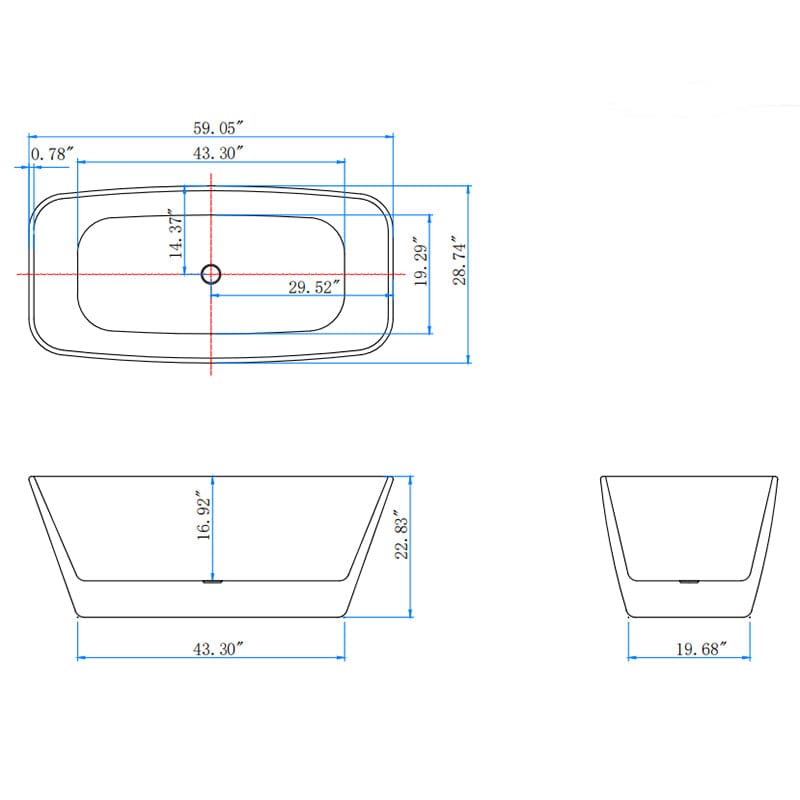 59'' Acrylic Tub Rectangle Freestanding Soaking Bathtub