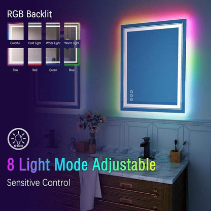 RGB LED Light Bathroom Vanity Mirror Small Rectangular Frameless Anti Fog