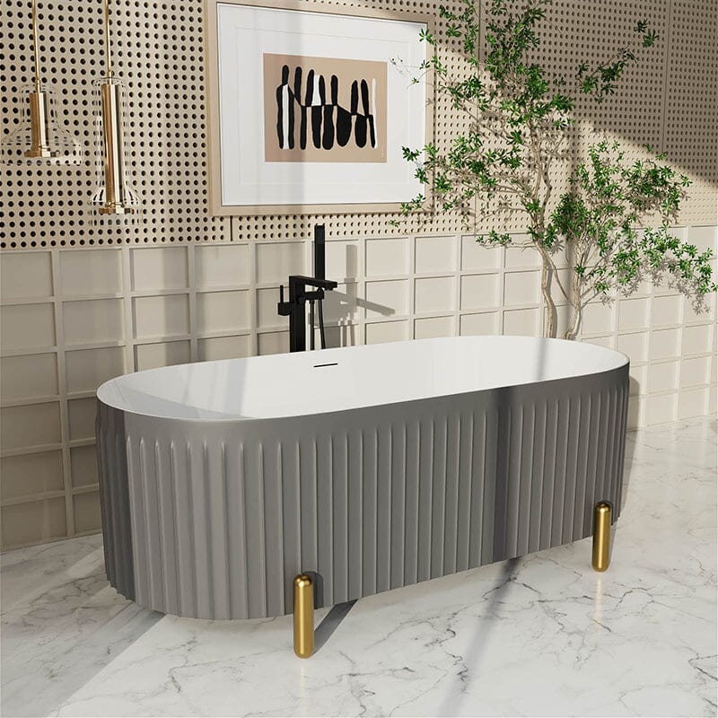 67'' Oval Acrylic Fluted Freestanding Soaking Bathtub with Feet