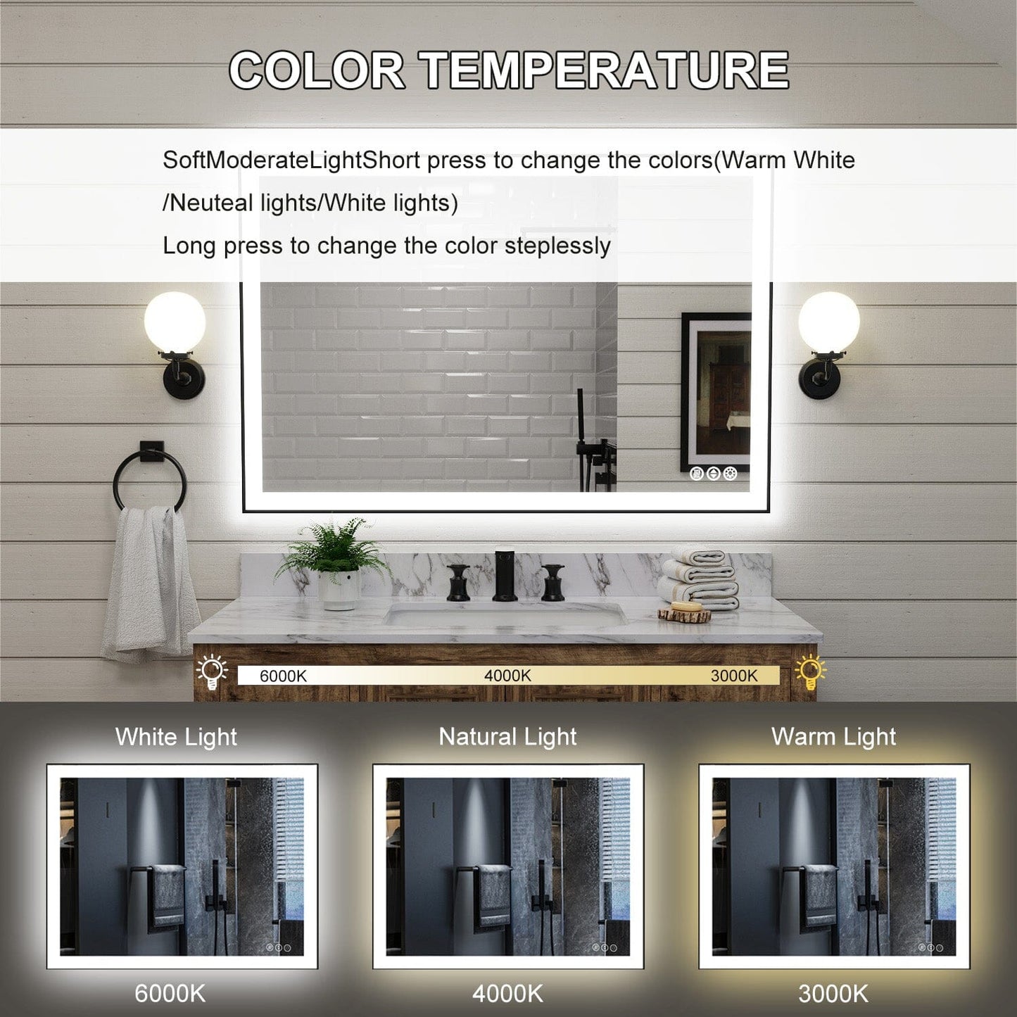 40"/48"/55" LED Bathroom Mirror with Black Frame, Anti-Fog, Shatter-Proof, Memory, 3 Colors