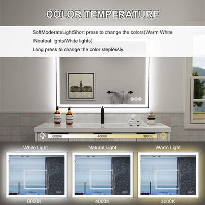 40"/48"/55" LED Bathroom Mirror with Black Frame, Anti-Fog, Shatter-Proof, Memory, 3 Colors