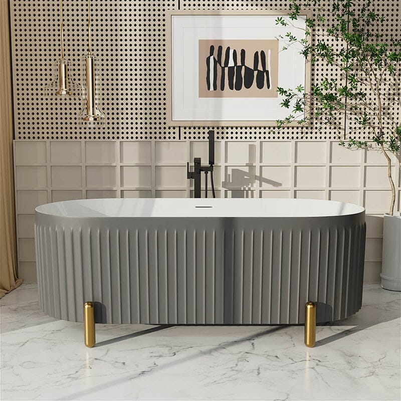 67'' Oval Acrylic Fluted Freestanding Soaking Bathtub with Feet