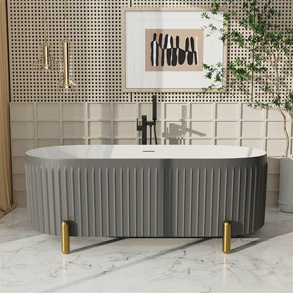 67'' Oval Acrylic Fluted Freestanding Soaking Bathtub with Feet