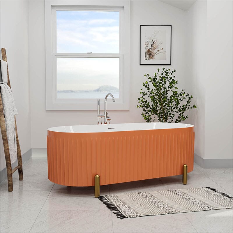 67'' Oval Acrylic Fluted Freestanding Soaking Bathtub with Feet