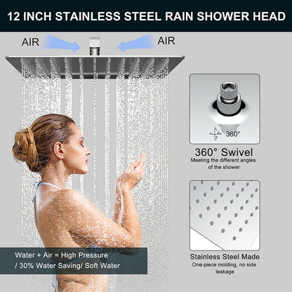 12" Wall Mount Square Shower Systems with Head Shower & Hand Shower Combo Set