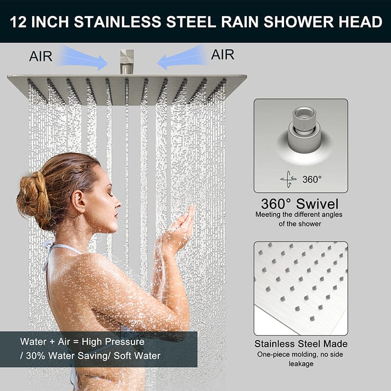 12" Wall Mount Square Shower Systems with Head Shower & Hand Shower Combo Set