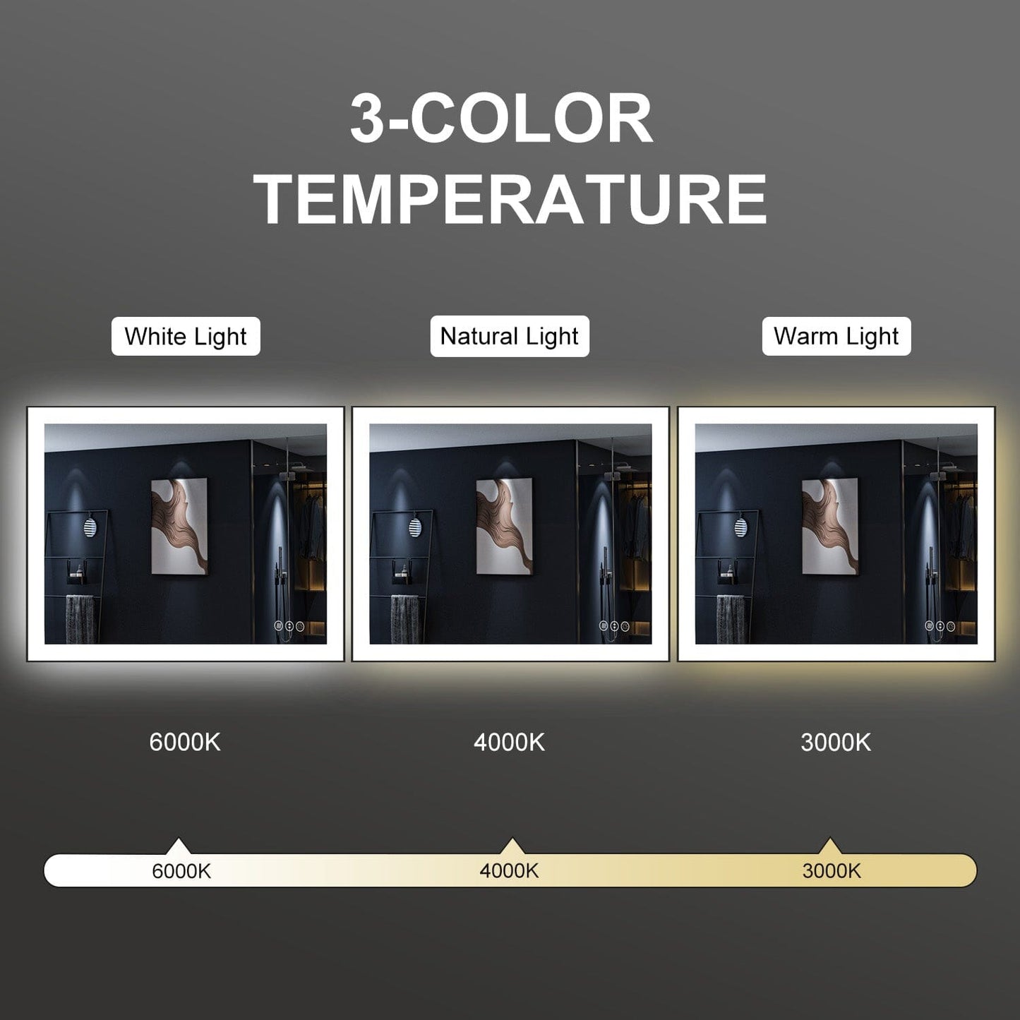 40"/48"/55" LED Bathroom Mirror with Black Frame, Anti-Fog, Shatter-Proof, Memory, 3 Colors