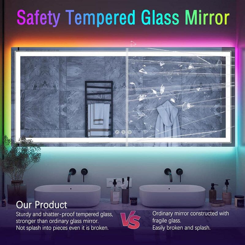 RGB LED Light Bathroom Vanity Mirror Large Rectangular Frameless Anti Fog