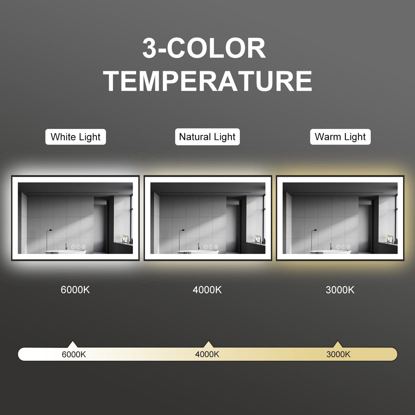 60"/72"/84" LED Bathroom Mirror with Black Frame, Anti-Fog, Shatter-Proof, Memory, 3 Colors