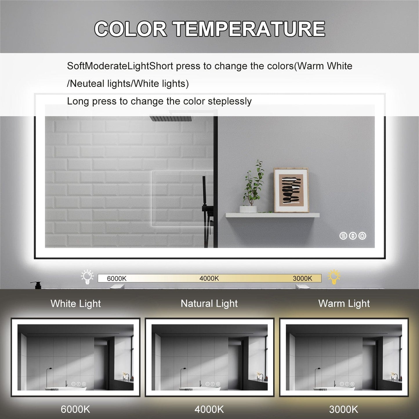 60"/72"/84" LED Bathroom Mirror with Black Frame, Anti-Fog, Shatter-Proof, Memory, 3 Colors