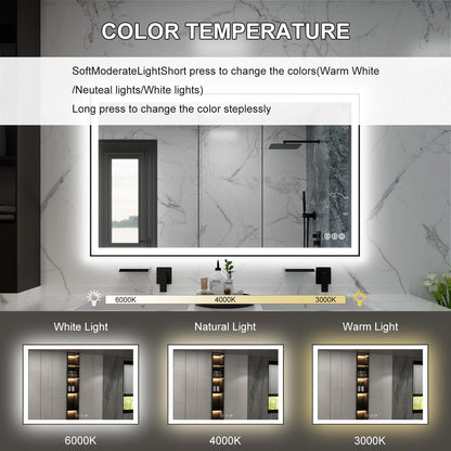 60"/72"/84" LED Bathroom Mirror with Black Frame, Anti-Fog, Shatter-Proof, Memory, 3 Colors